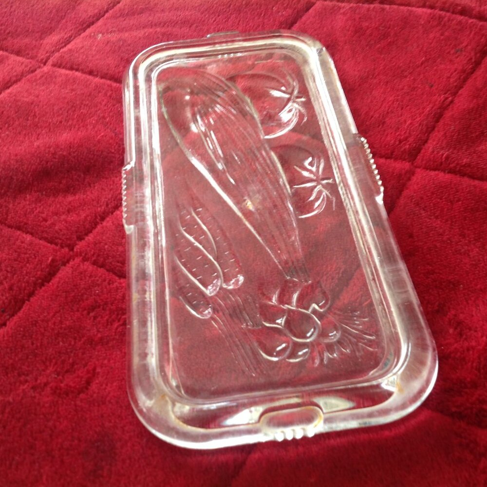 Vintage Clear Glass Refrigerator Dish Bowl Oblong Lid Only With Fruit Design For